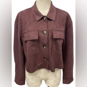 Forever 21 Women Long Sleeve Cropped Jacket Shacket Wine Merlot New Faux Suede